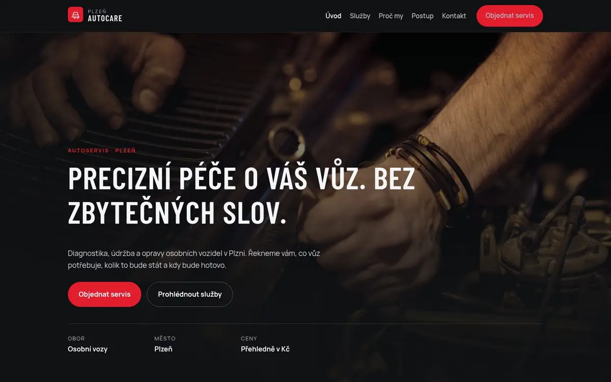 Screenshot of the Plzeň AutoCare car service website homepage