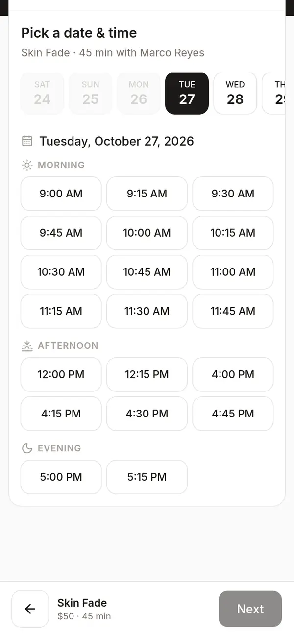 Brasswood booking flow on a phone: date strip and time slots