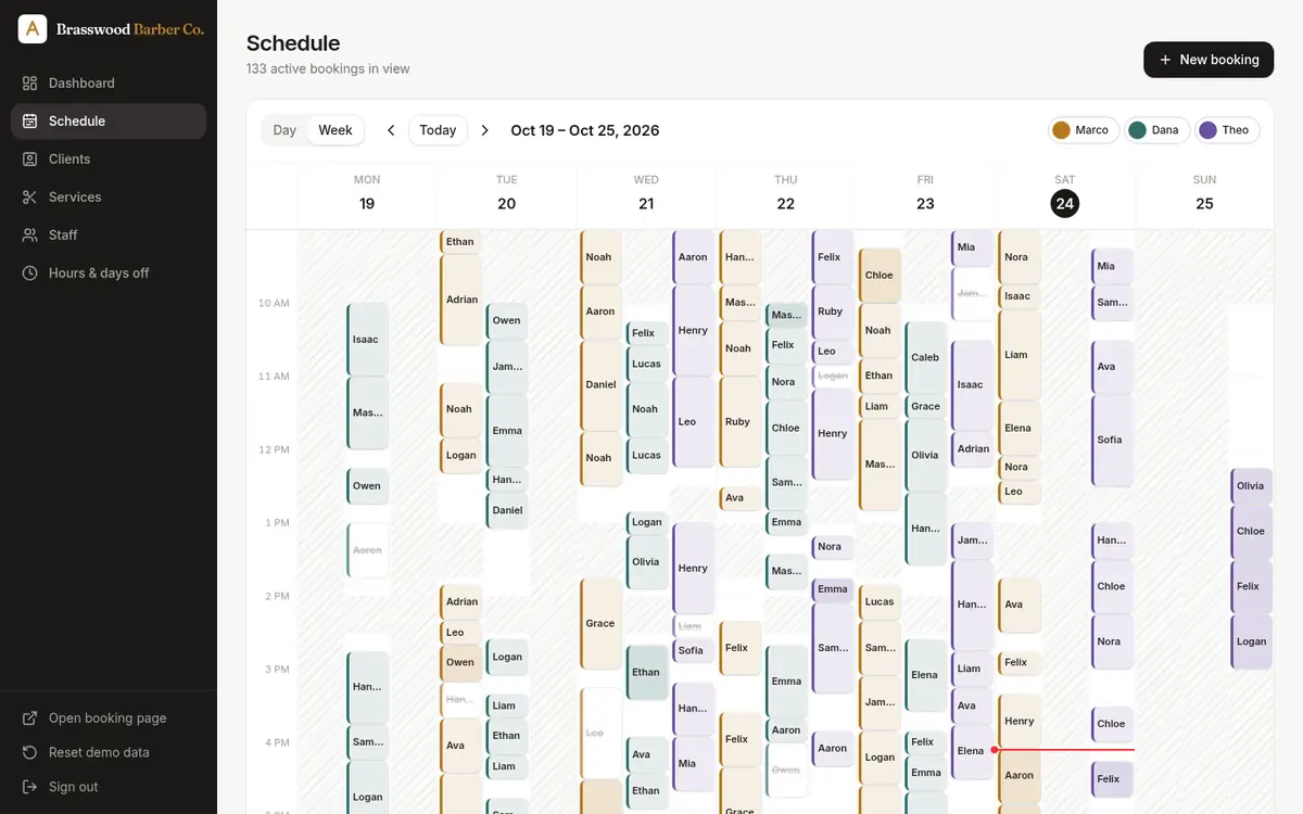 Brasswood admin weekly schedule with bookings colour-coded per barber (sample data)