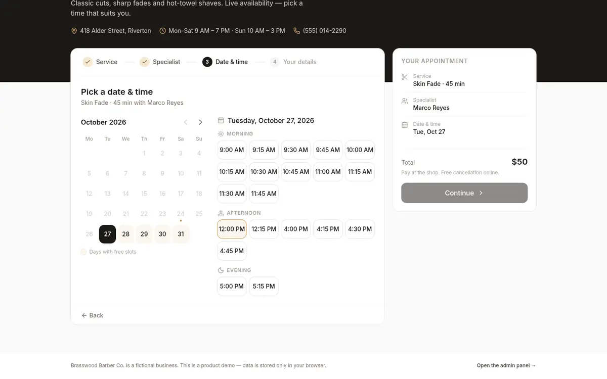 Brasswood booking flow: picking a date in the calendar and a free time slot, with the appointment summary on the right