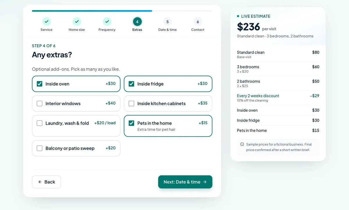 Mintleaf Home Cleaning quote calculator at step 4 of 6, choosing extras, with a live estimate breakdown on the right (sample prices)