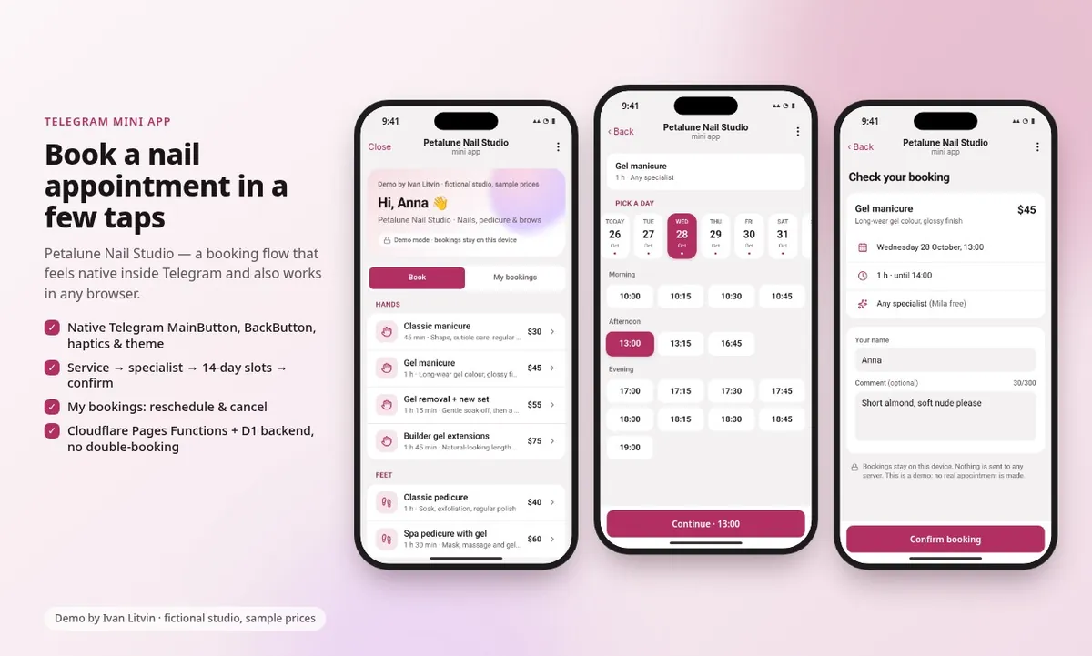 Petalune Nail Studio Telegram Mini App on three phones: service list with sample prices, date strip with free time slots, and the booking confirmation screen