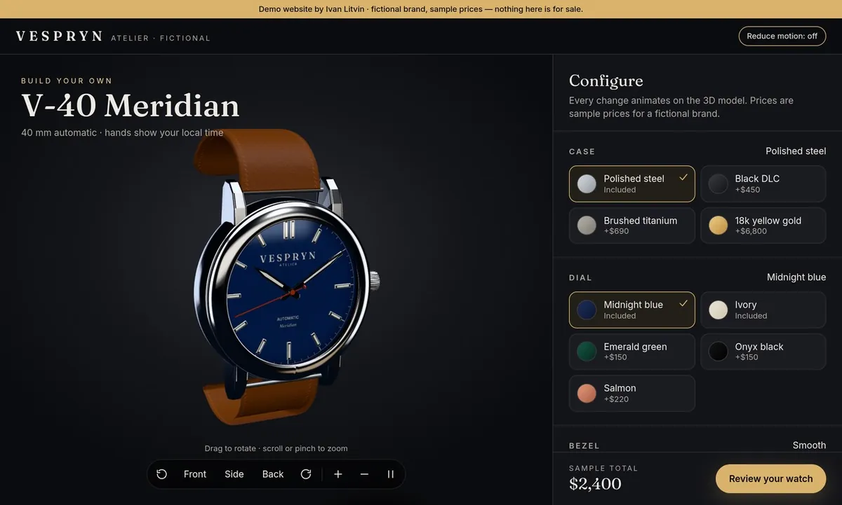 Vespryn V-40 Meridian 3D watch configurator: a steel watch with a midnight-blue dial and brown leather strap next to case and dial options and a sample total of $2,400